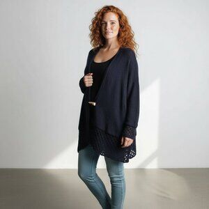 Jaskar Thin Knit Mesh Trim Black Cardigan Large